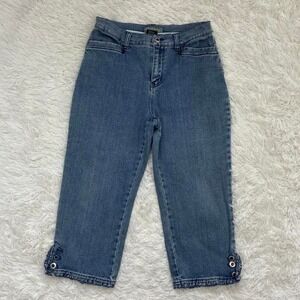 Y2K Glam Chic Coquette Simon Chang blue denim capri pants with button detail
